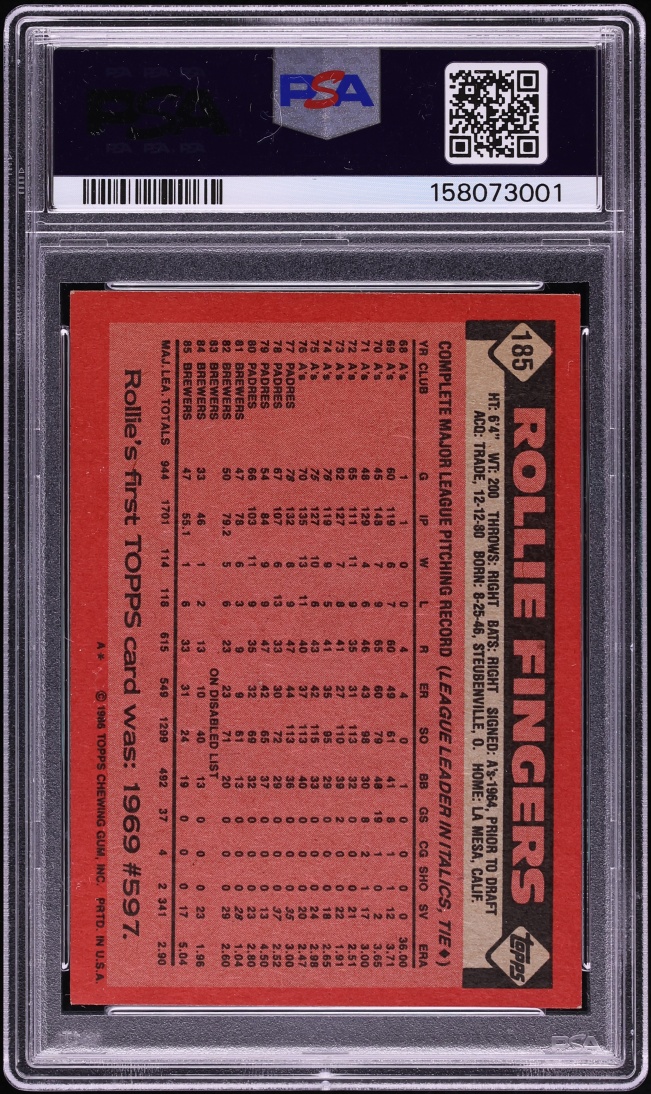 1986 Topps Rollie Fingers AUTO DNA 8 #185 PSA 4 VGEX
