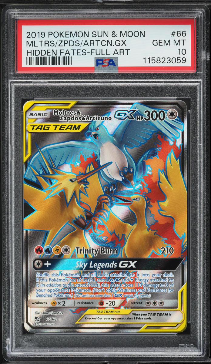 2019 Pokemon SM Hidden Fates Full Art Moltres Zapdos Articuno GX #66 PSA 10 GEM