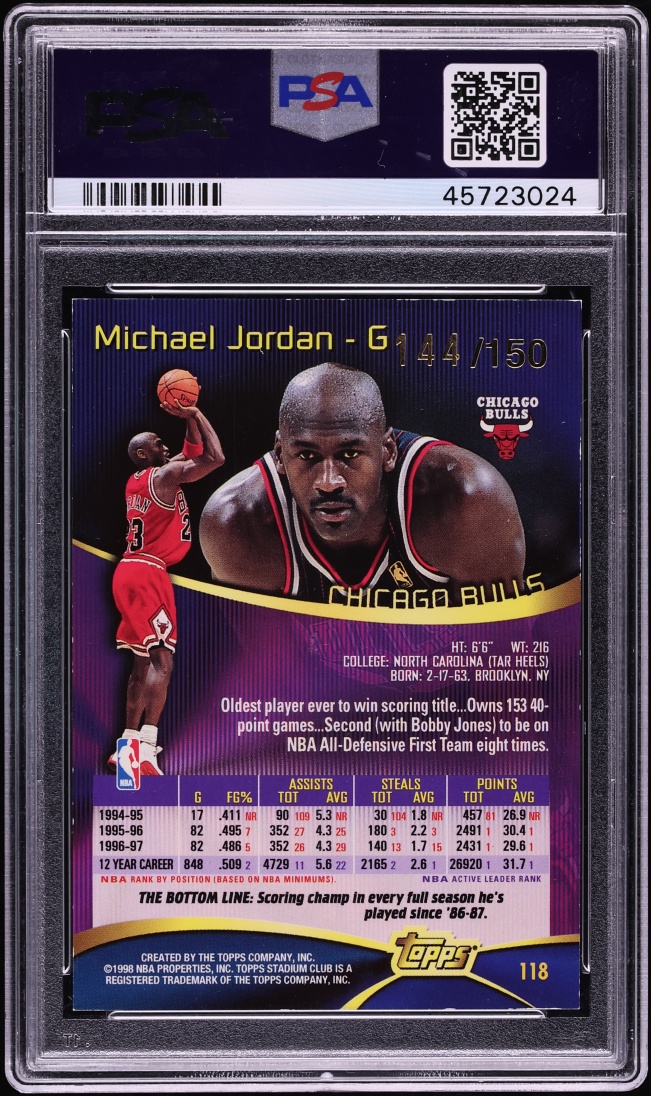 1997 Stadium Club One Of A Kind Michael Jordan /150 #118 PSA 8 NM-MT - Photo 2