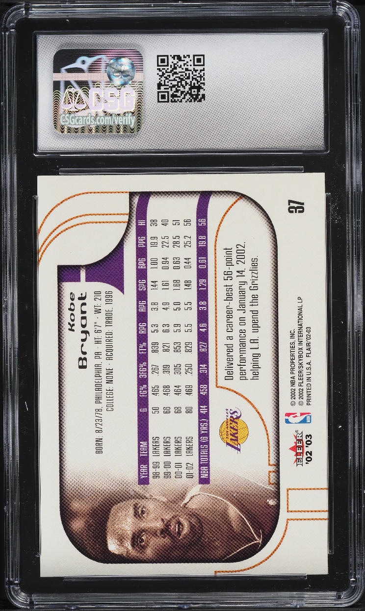 2002 Flair Basketball Kobe Bryant #37 CSG 9 MINT