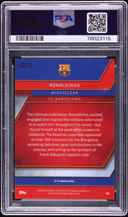 2022 Topps Chrome FC Barcelona Blue Ronaldinho /75 #44 PSA 9 MINT