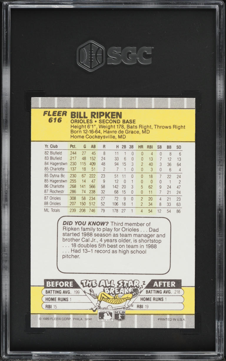1989 Fleer Bill Ripken ROOKIE, BLACK BOX #616 SGC 9.5 MINT+