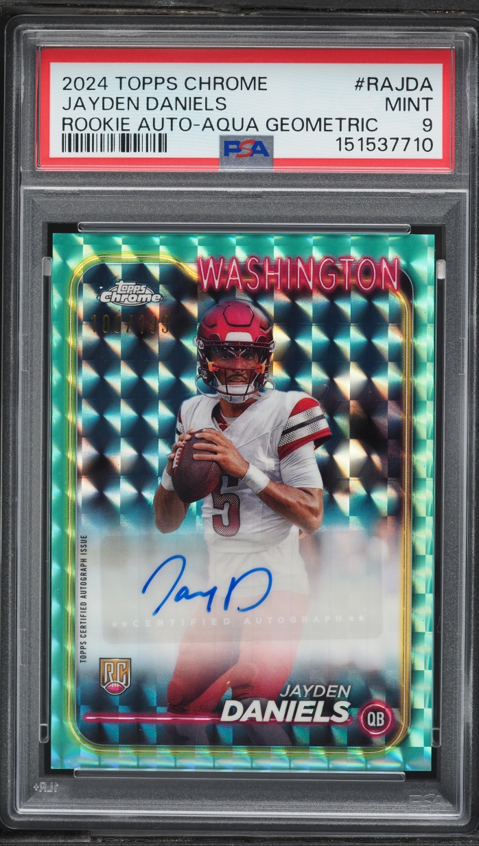 2024 Topps Chrome Aqua Geometric Jayden Daniels ROOKIE AUTO /199 #RA-JDA PSA 9 MINT