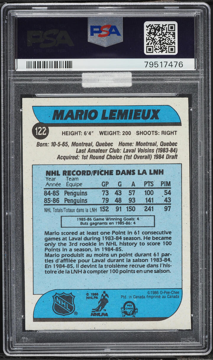 1986 O-Pee-Chee Hockey Mario Lemieux AUTO DNA 10 #122 MBA PSA 8 NM-MT