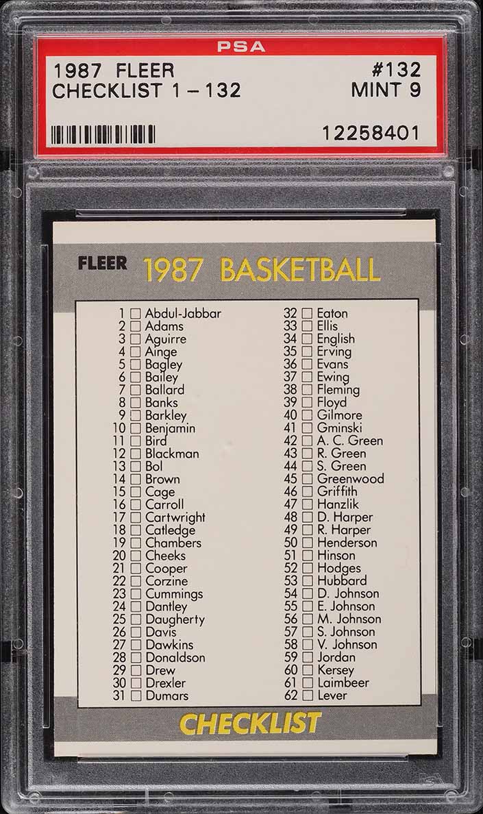 1987 Fleer Basketball Checklist 1-132 #132 PSA 9 MINT