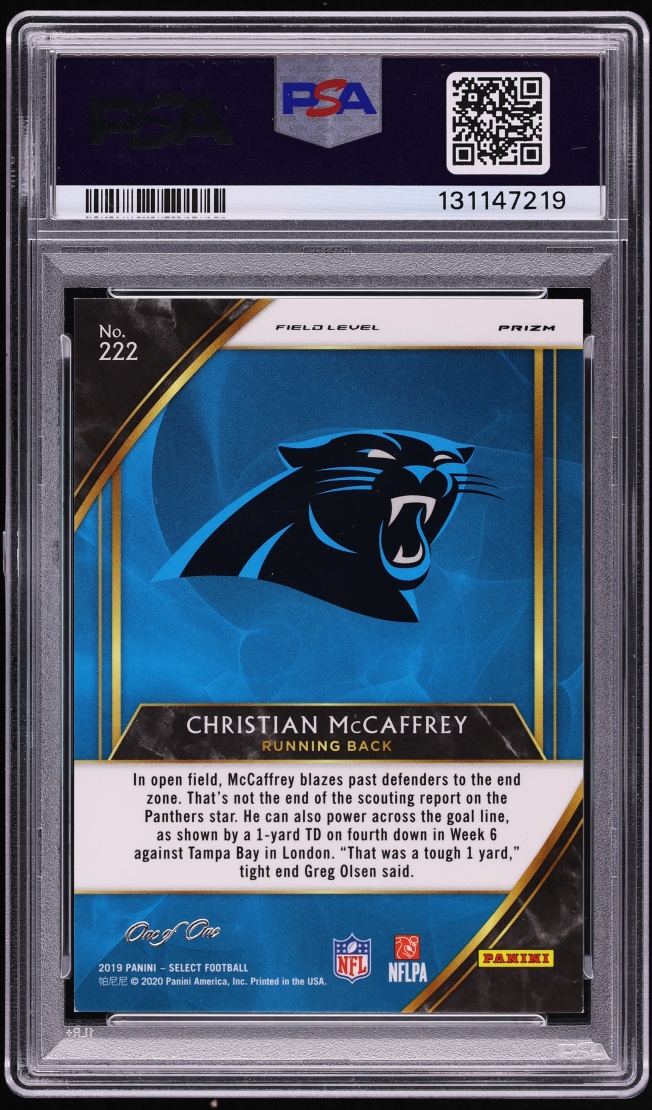 2019 Select Field Level Black Prizm Christian McCaffrey 1/1 #222 PSA 8 NM-MT - Photo 2