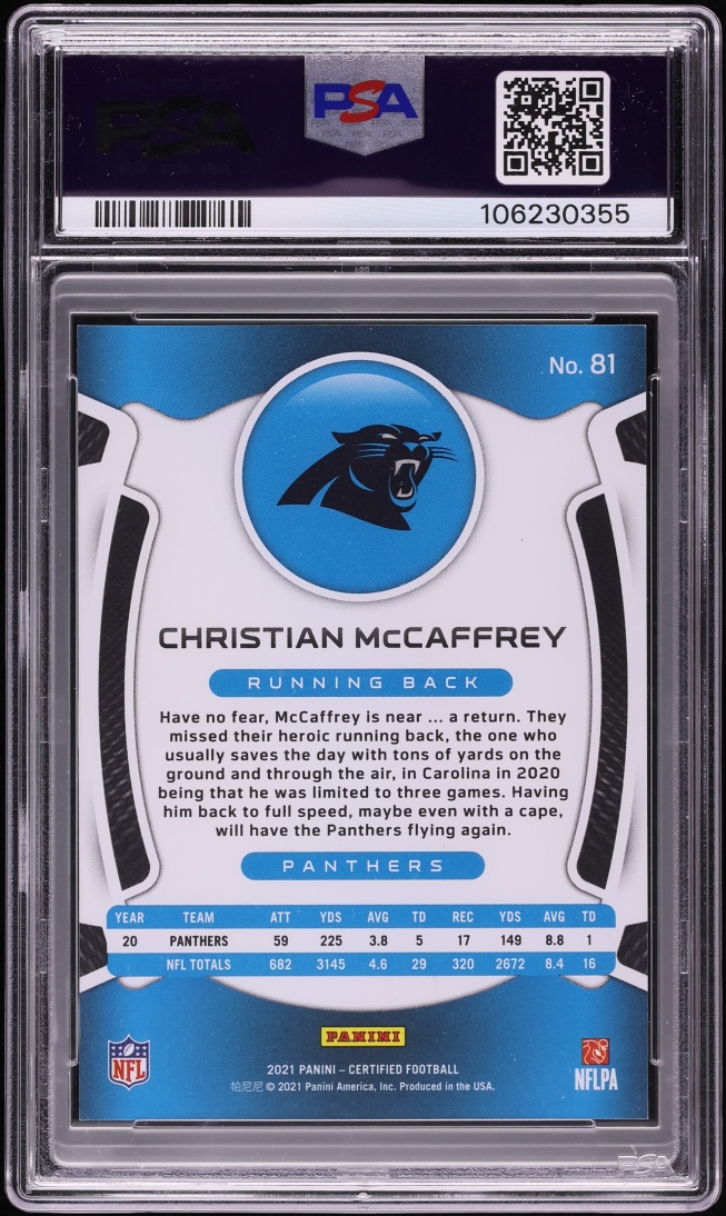 2021 Panini Certified Mirror Black FOTL Christian McCaffrey 1/1 #81 PSA 8 NM-MT - Photo 2