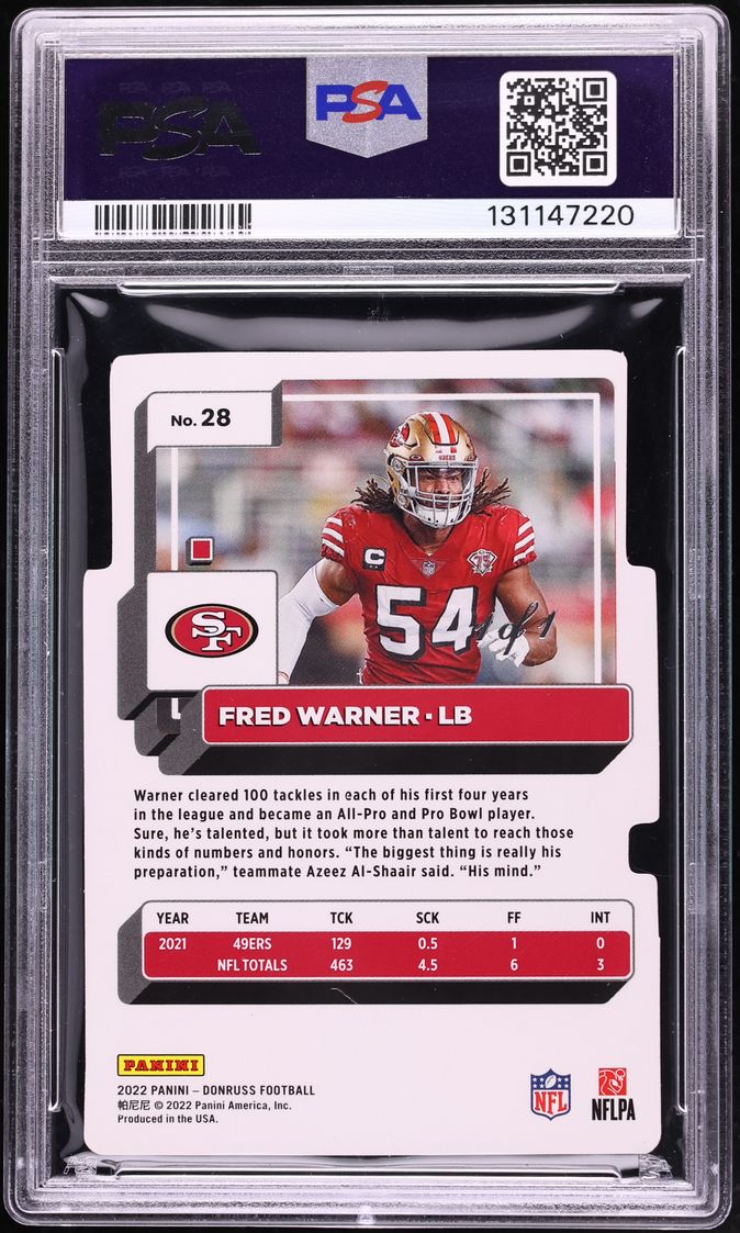 2022 Donruss Press Proof Black Die-Cut Fred Warner 1/1 #28 PSA 8 NM-MT - Photo 2