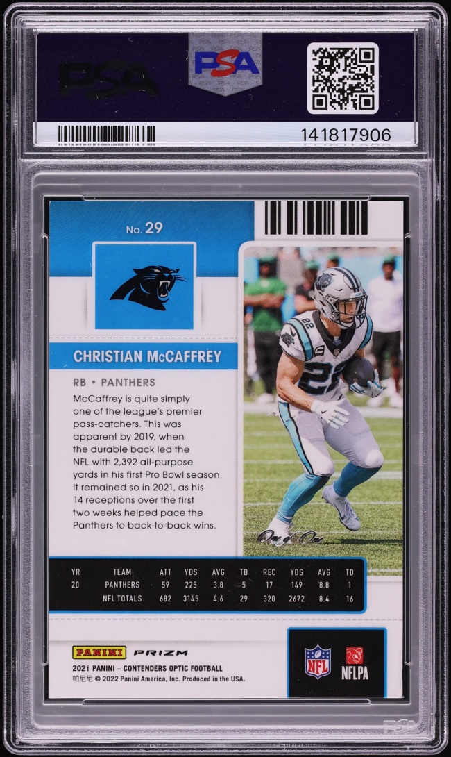 2021 Panini Contenders Optic Gold Vinyl Prizm Christian McCaffrey 1/1 #29 PSA 8 NM-MT - Photo 2