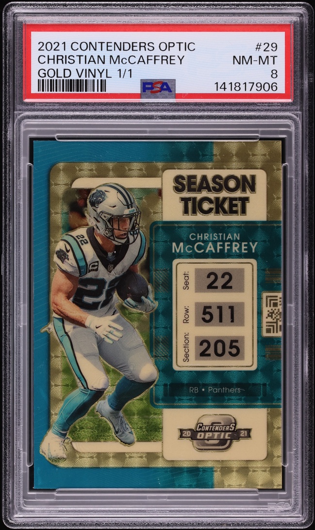 2021 Panini Contenders Optic Gold Vinyl Prizm Christian McCaffrey 1/1 #29 PSA 8 NM-MT - Photo 1