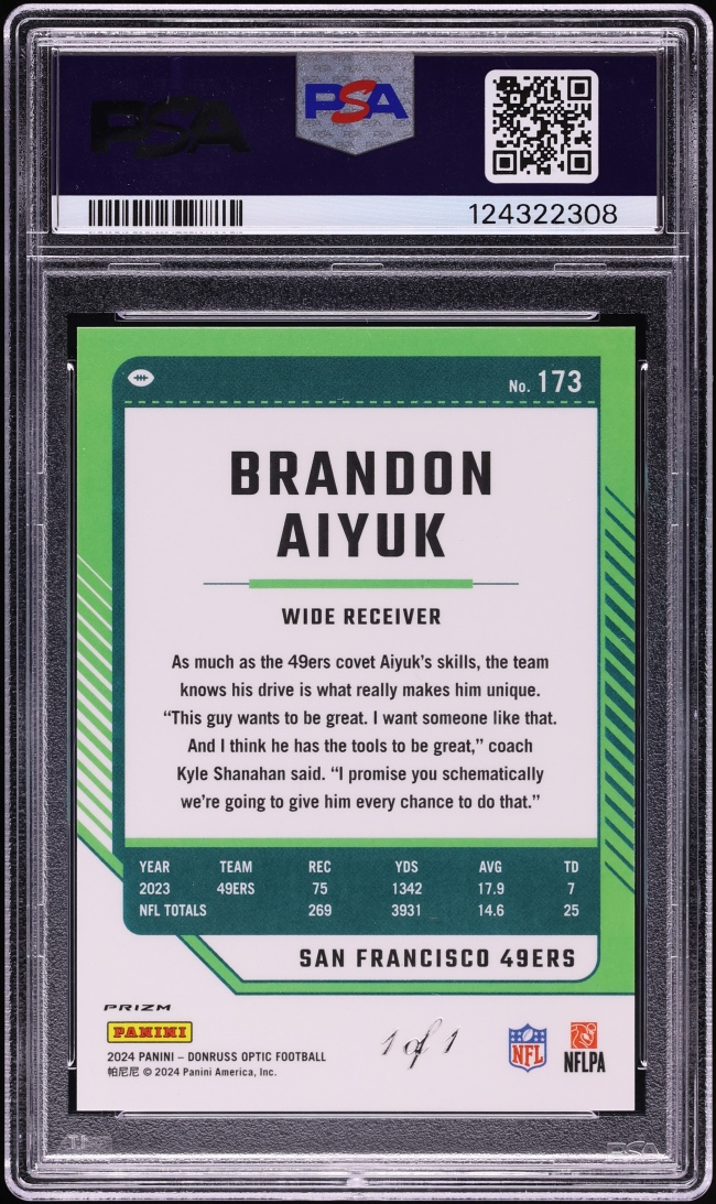 2024 Donruss Optic Gold Vinyl Prizm Brandon Aiyuk 1/1 #173 PSA 10 GEM MINT - Photo 2