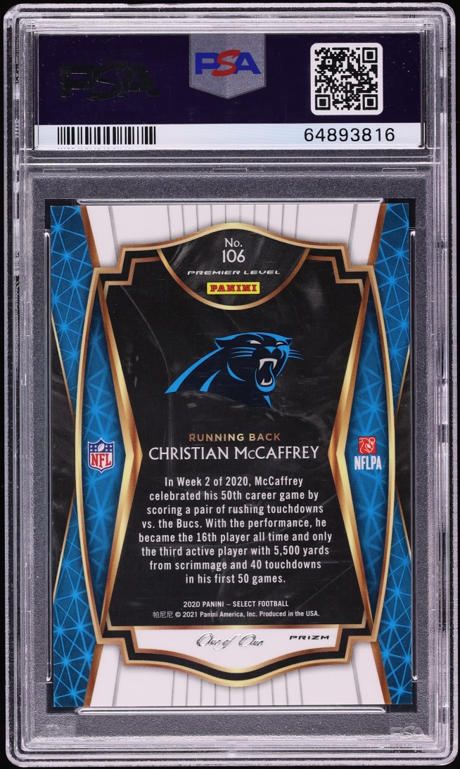 2020 Select Premier Level Black Prizm Christian McCaffrey 1/1 #106 PSA 9 MINT - Photo 2