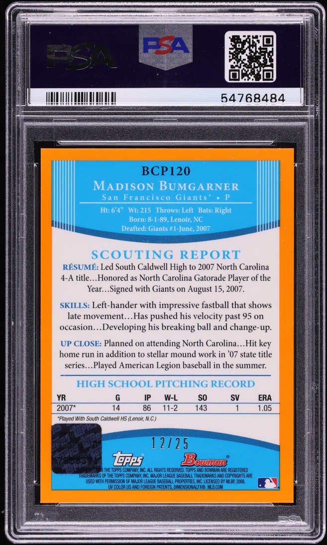 2008 Bowman Chrome Orange Refractor Madison Bumgarner PROSPECT AUTO /25 #BCP120 PSA 9 MINT - Photo 2