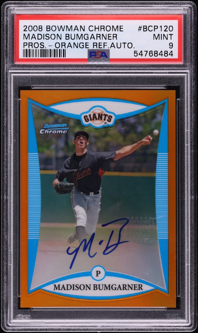 2008 Bowman Chrome Orange Refractor Madison Bumgarner PROSPECT AUTO /25 #BCP120 PSA 9 MINT - Photo 1
