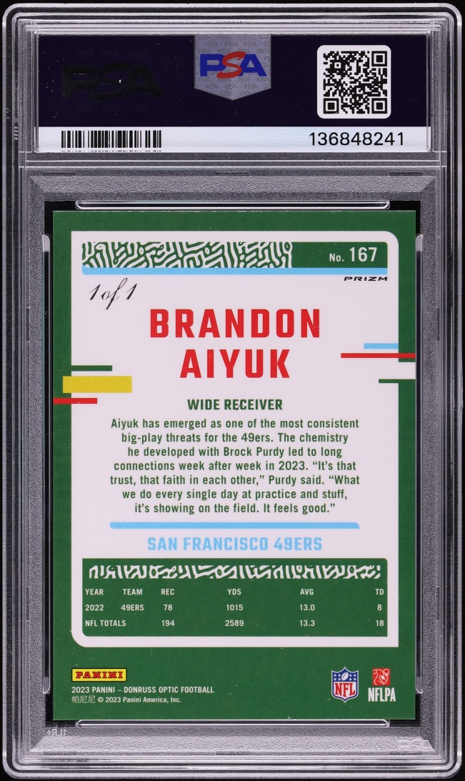 2023 Donruss Optic Gold Vinyl Prizm Brandon Aiyuk 1/1 #167 PSA 9 MINT - Photo 2