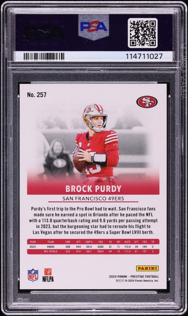 2024 Panini Prestige Xtra Points Premium Black Brock Purdy 1/1 #257 PSA 9 MINT - Photo 2