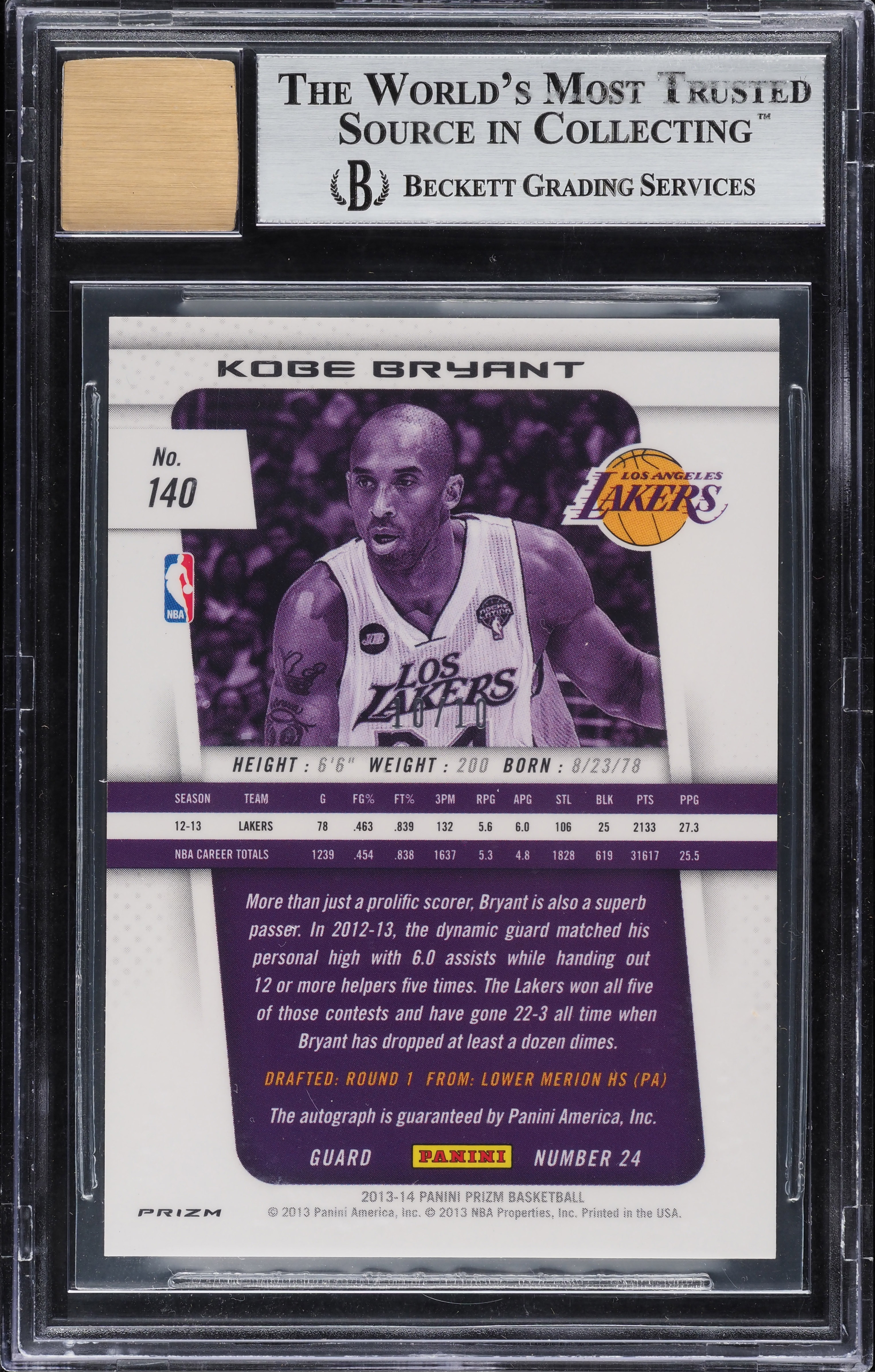 2013 Panini Prizm Gold Kobe Bryant AUTO 10/10 #140 BGS 9 MINT on