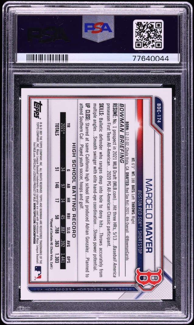2021 Bowman Chrome Draft Marcelo Mayer PROSPECT #BDC-174 PSA 10 GEM MINT