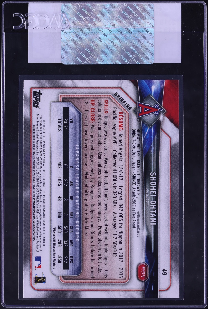 2018 Bowman Shohei Ohtani ROOKIE #49 CGC AUTH