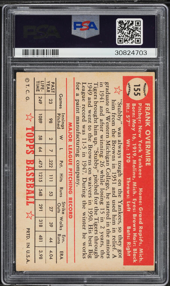 1952 Topps Frank Overmire #155 PSA 7 NRMT