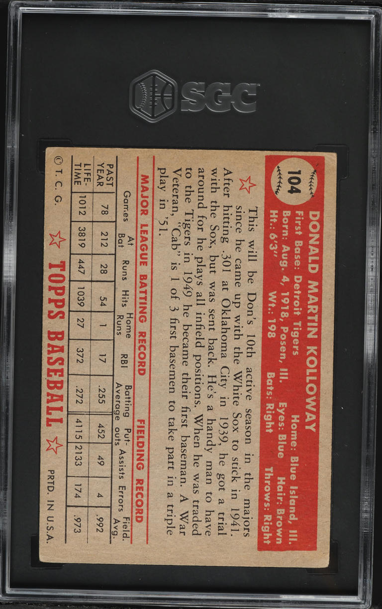 1952 Topps Don Kolloway #104 SGC 4 VGEX