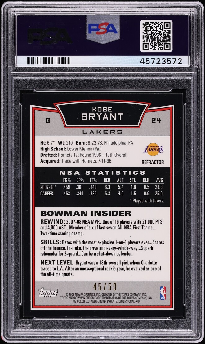 2008 Bowman Chrome Gold Refractor Kobe Bryant /50 #24 PSA 10 GEM MINT