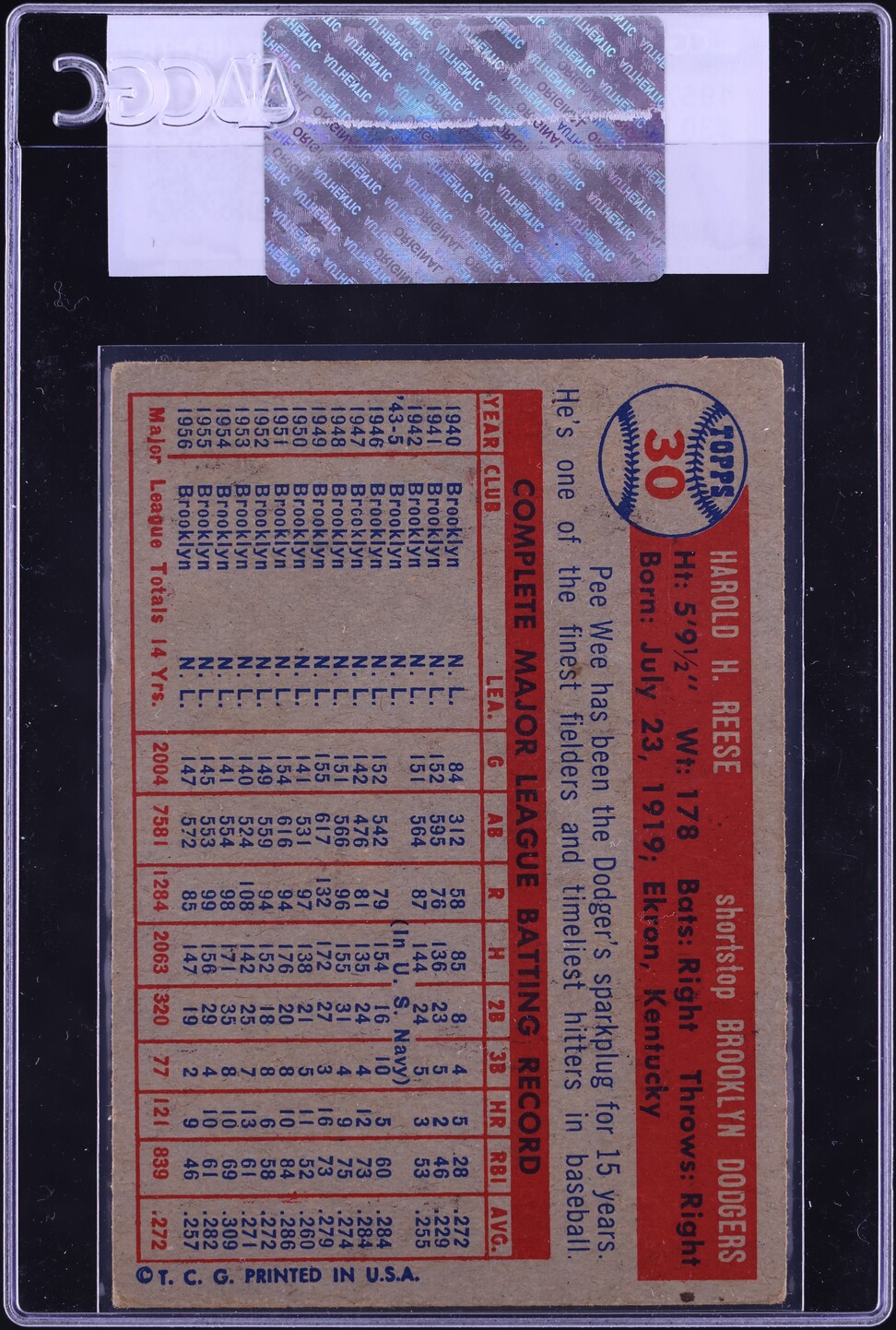 1957 Topps Pee Wee Reese #30 CGC AUTH