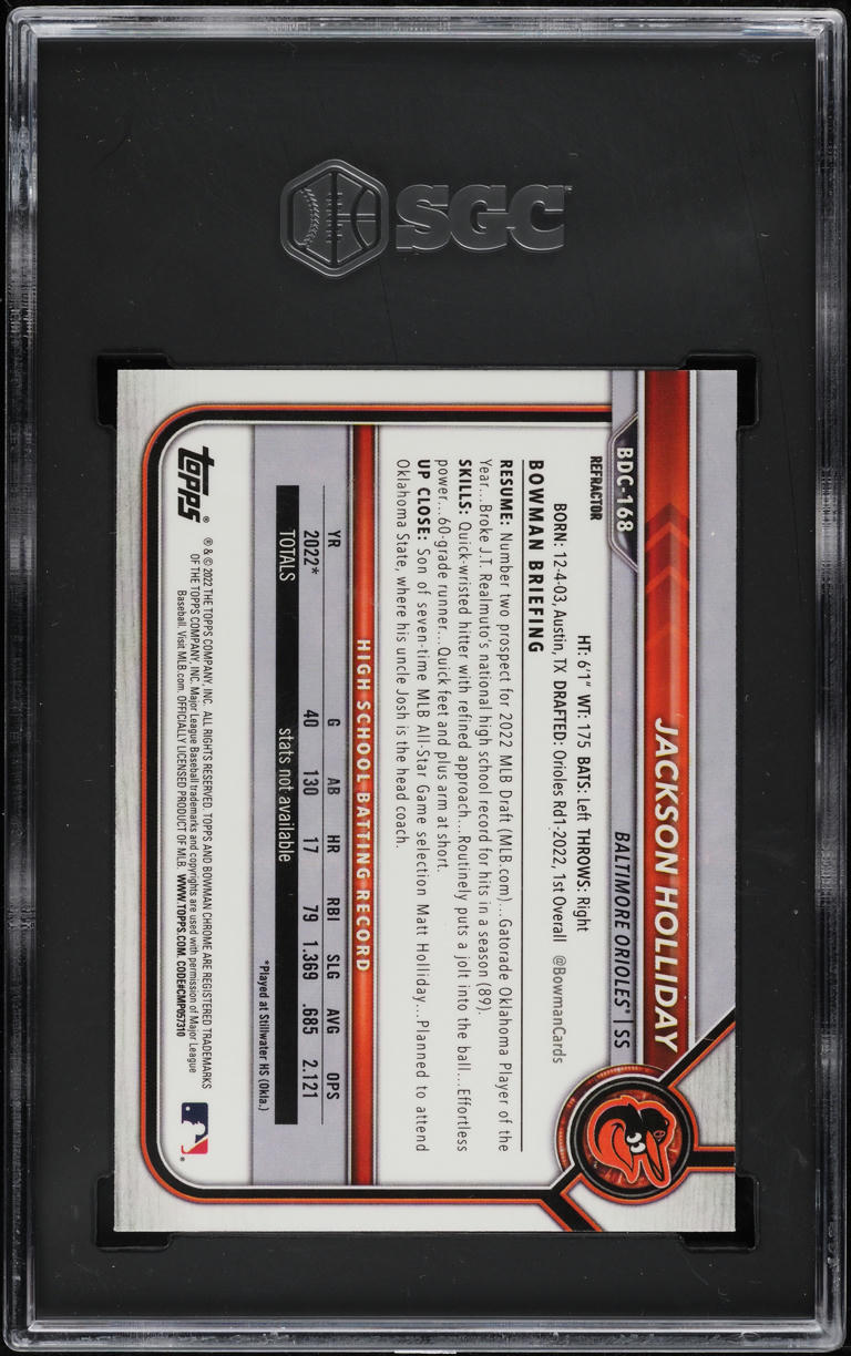 2022 Bowman Chrome Draft Refractor Jackson Holliday ROOKIE #BDC-168 SGC 10 GEM