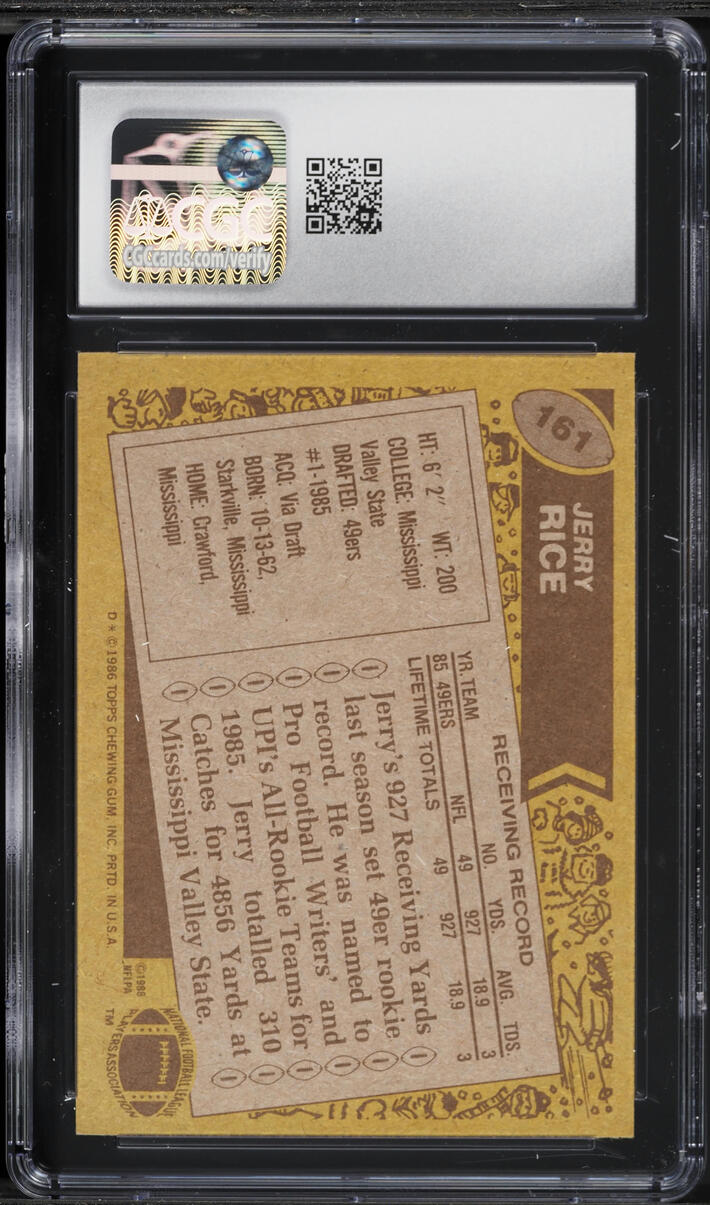 1986 Topps Football Jerry Rice ROOKIE #161 CGC 8 NM-MT
