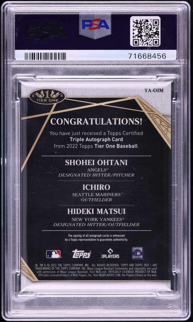 2022 Topps Tier One Triple Ichiro Hideki Matsui & Shohei Ohtani AUTO 10/10 #TA-OIM PSA 10 GEM