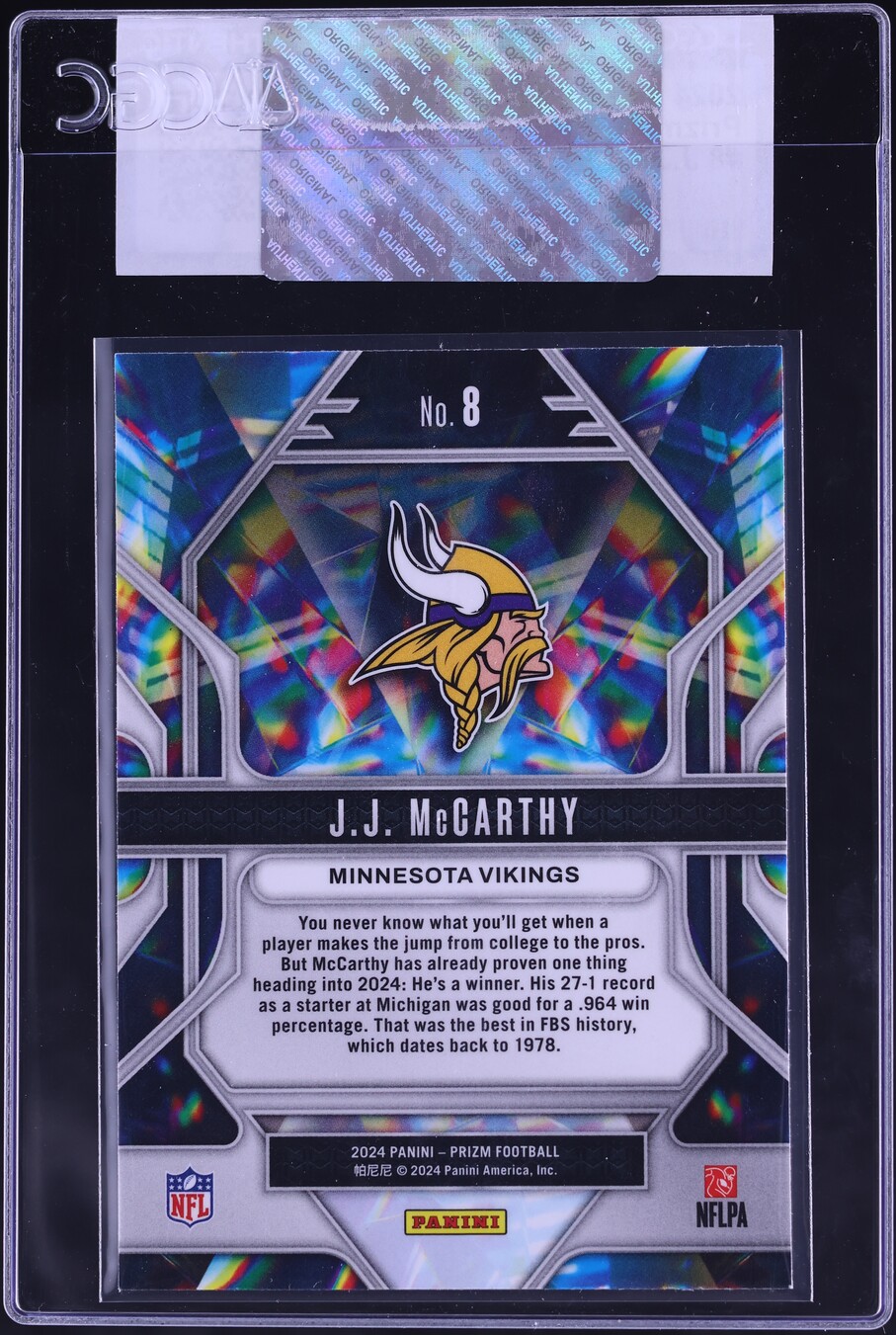 2024 Panini Prizm Prizmatic J.J. McCarthy ROOKIE #8 CGC AUTH