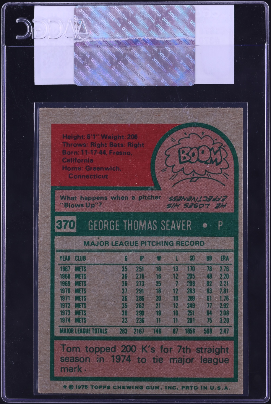 1975 Topps Tom Seaver #370 CGC AUTH