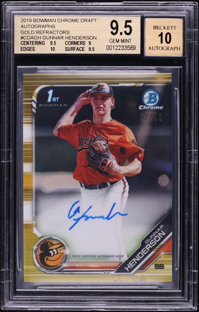 2019 Bowman Chrome Gold Refractor Gunnar Henderson PROSPECT AUTO 2/50 BGS 9.5