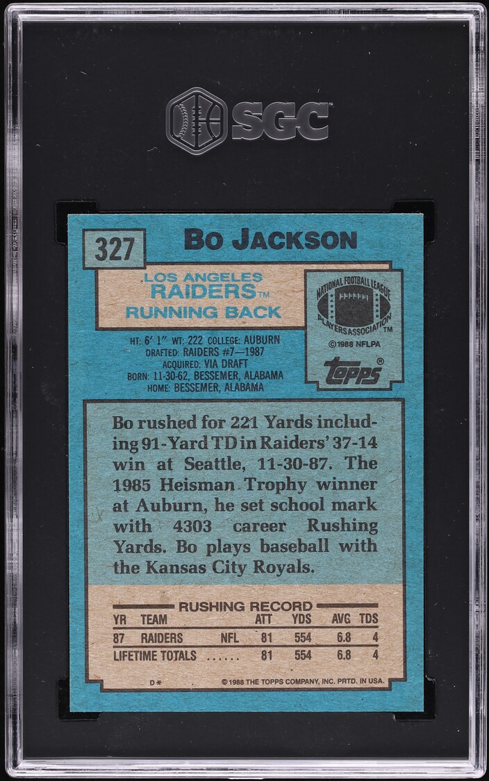 1988 Topps Football Bo Jackson ROOKIE #327 SGC 8 NM-MT