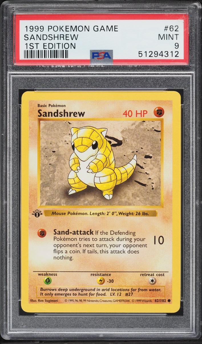 1999 Pokemon Base Set Shadowless 1st Edition Sandshrew #62 PSA 9 MINT