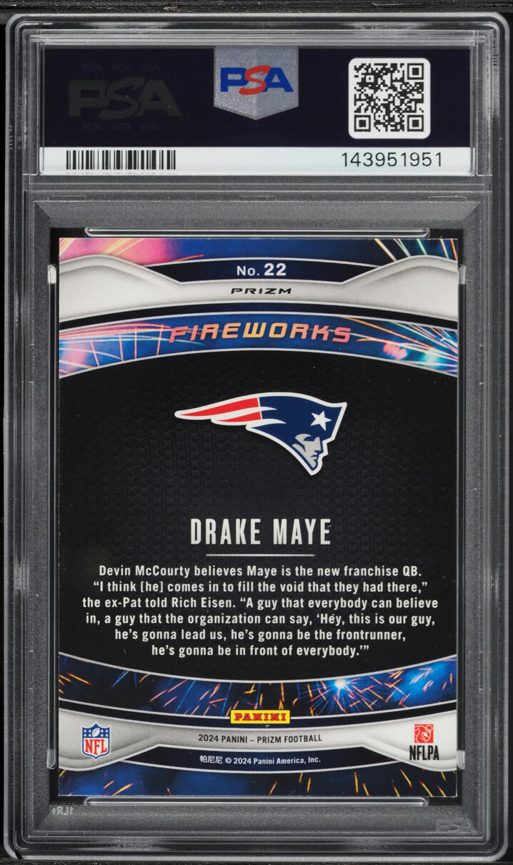 2024 Panini Prizm Fireworks Green Drake Maye ROOKIE #22 PSA 9 MINT