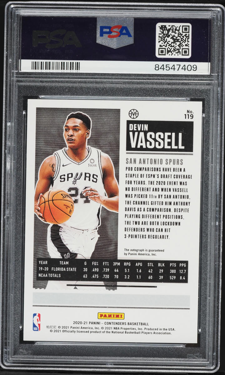 2020 Panini Contenders Variation Finals Ticket Devin Vassell ROOKIE AUTO /49 #119 PSA 8 NM-MT