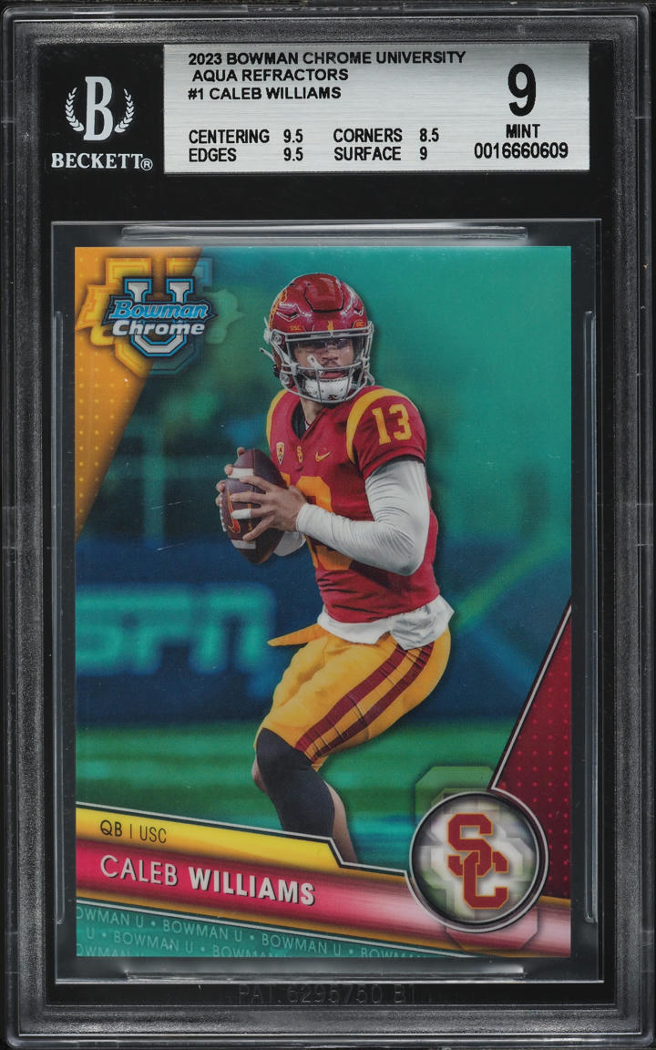 2023 Bowman Chrome University Aqua Refractor Caleb Williams ROOKIE /299 #1 BGS 9