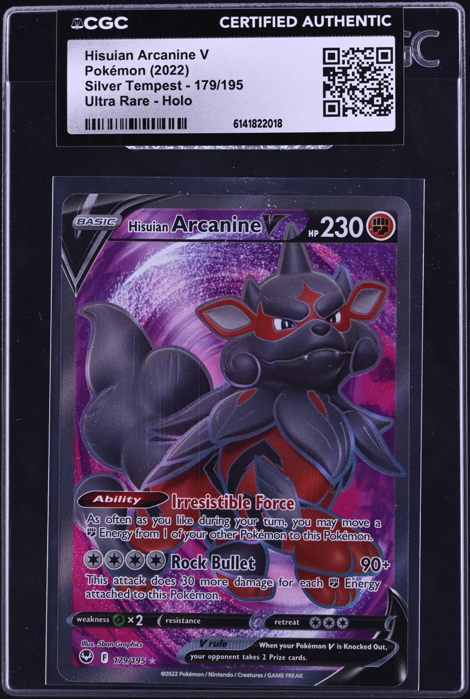 2022 Pokemon Sword & Shield Silver Tempest Full Art Hisuian Arcanine V #179 CGC AUTH