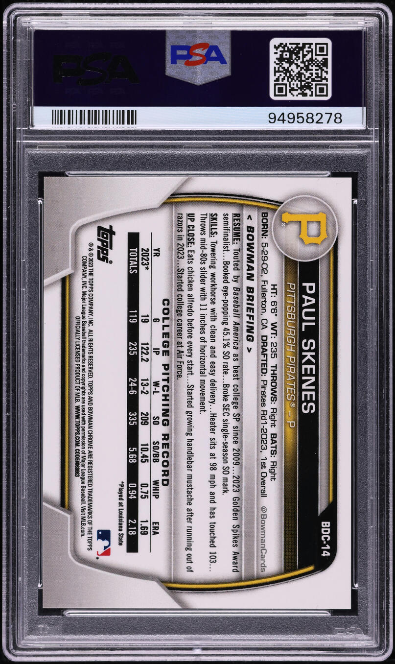 2023 Bowman Chrome Draft Superfractor Paul Skenes ROOKIE 1/1 PSA 10 GEM MINT