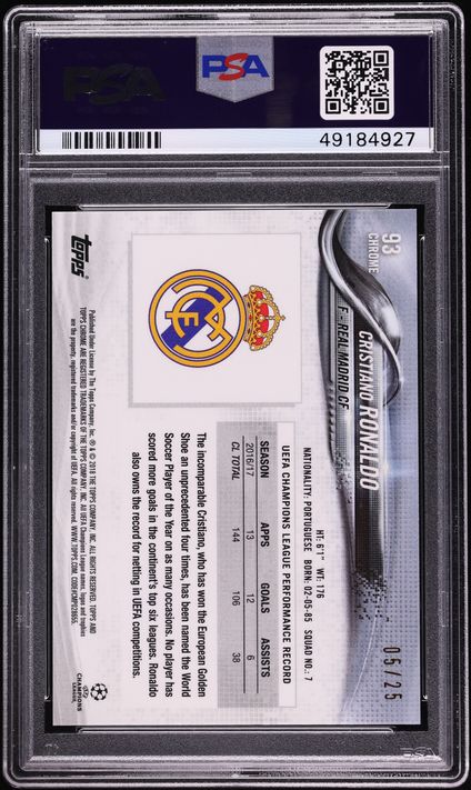 2017 Topps Chrome UEFA Orange Refractor Cristiano Ronaldo /25 #93 PSA 10 GEM MINT