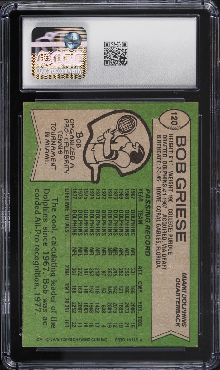 1978 Topps Football Bob Griese ALL-PRO #120 CGC 7 NRMT