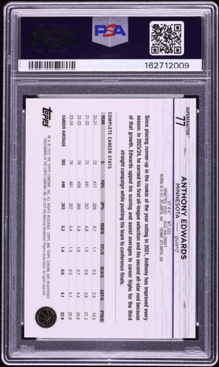 2024 Topps Chrome Superfractor Anthony Edwards 1/1 #77 PSA 8 NM-MT - Photo 2