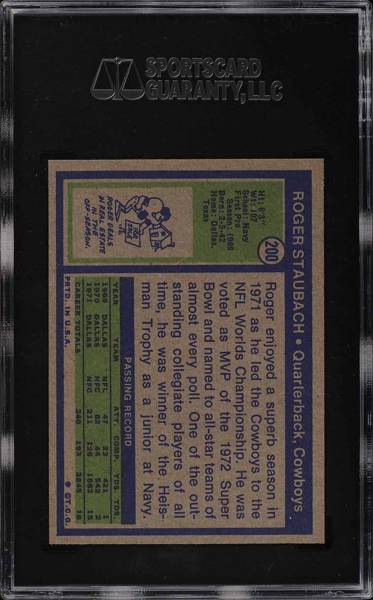 1972 Topps Football Roger Staubach ROOKIE #200 SGC 8.5 NM-MT+