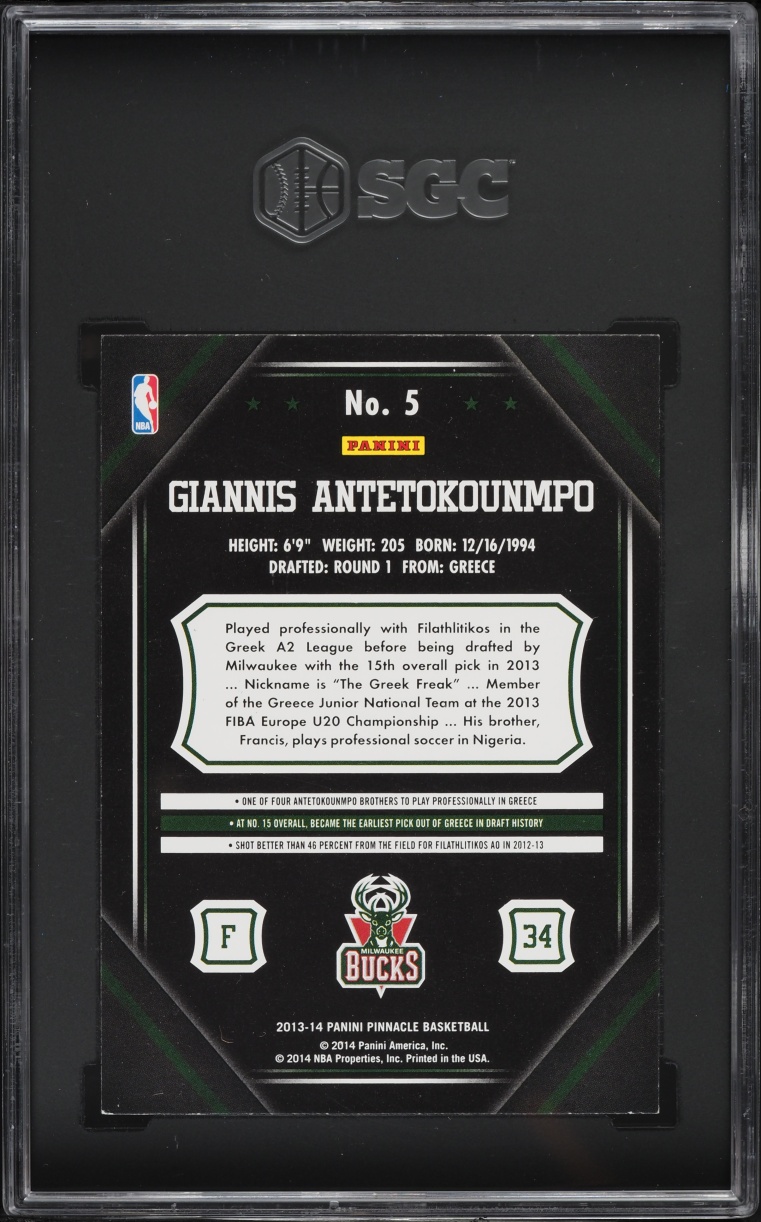 2013 Panini Pinnacle Giannis Antetokounmpo ROOKIE #5 SGC 8 NM-MT