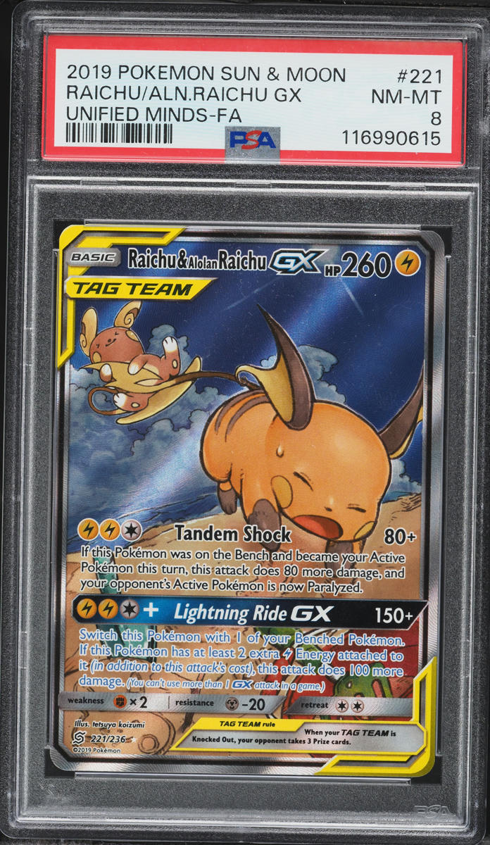 2019 Pokemon Sun & Moon Unified Minds Full Art Raichu & Alolan Raichu GX #221 PSA 8 NM-MT
