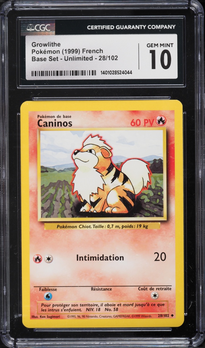 1999 Pokemon French Base Set Growlithe #28 CGC 10 GEM MINT