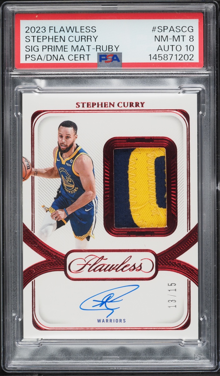 2023 Panini Flawless Prime Ruby Stephen Curry PATCH AUTO DNA 10 /15 #SPA-SCG PSA 8 NM-MT
