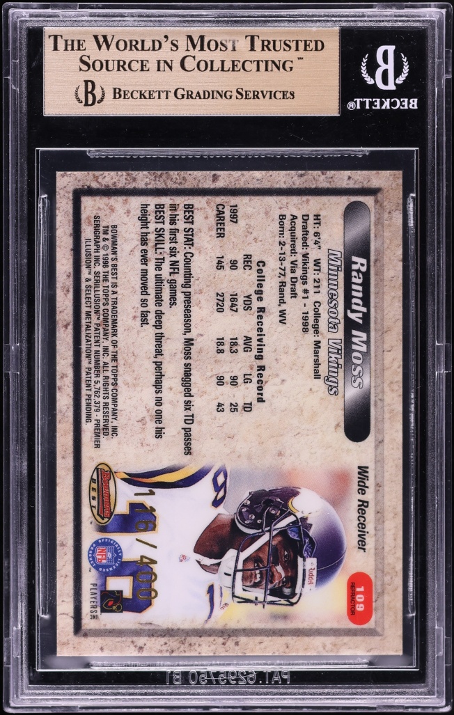 1998 Bowman's Best Refractor Randy Moss ROOKIE /400 #109 BGS 9.5 GEM MINT