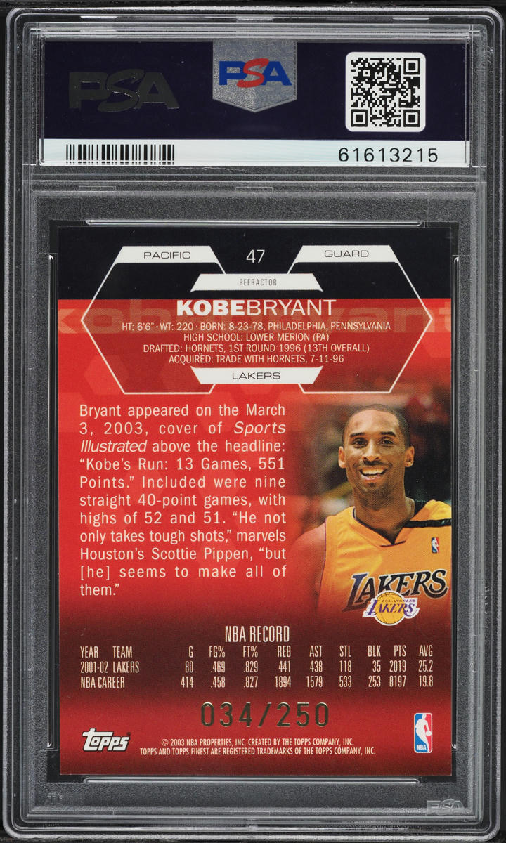2002 Finest Refractor Kobe Bryant /250 #47 PSA 10 GEM MINT